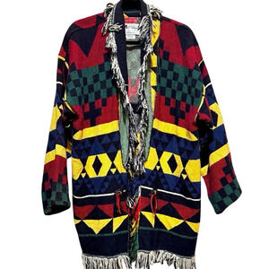 Vintage Aztec Fringe Red Blue Womens Boho Tapestry Blanket Coat Jacket OS Large